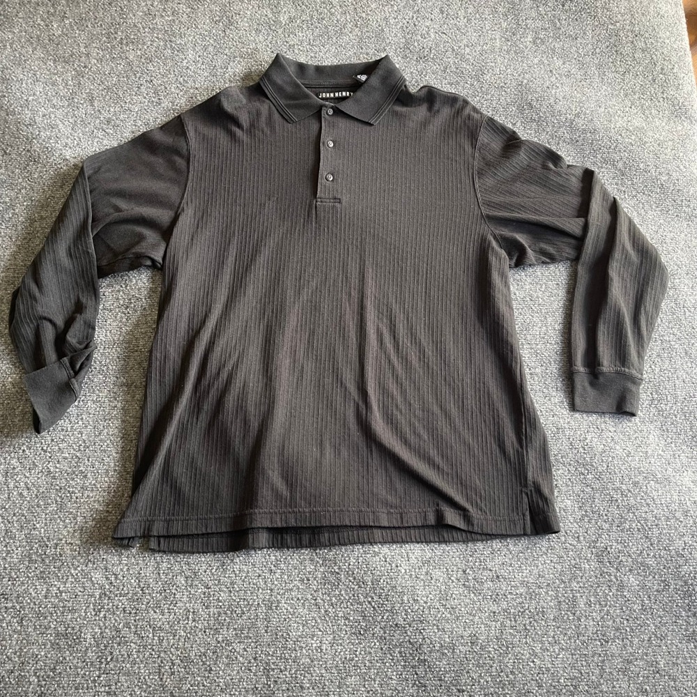 John Henry Mens Large Charcoal Black Ribbed Long Sleeve Polo Shirt Cotton Blend
